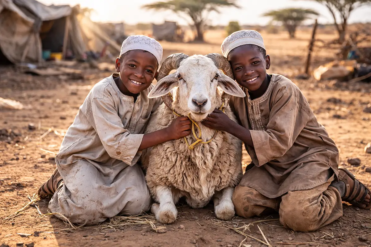 Muslimische Kinder und Ihr Qurban Tier