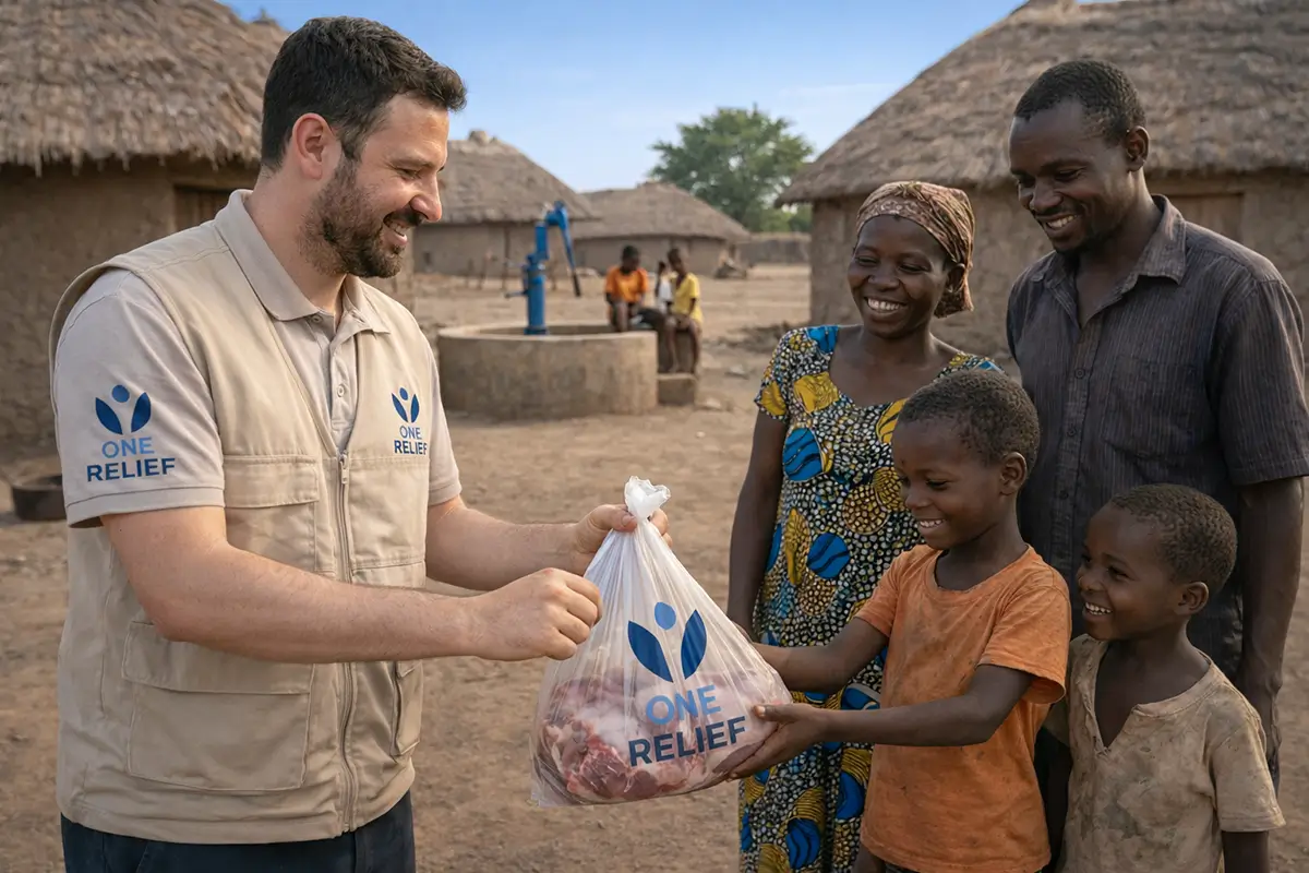 Übergabe von Qurban Fleisch an eine bedürfdige Familie